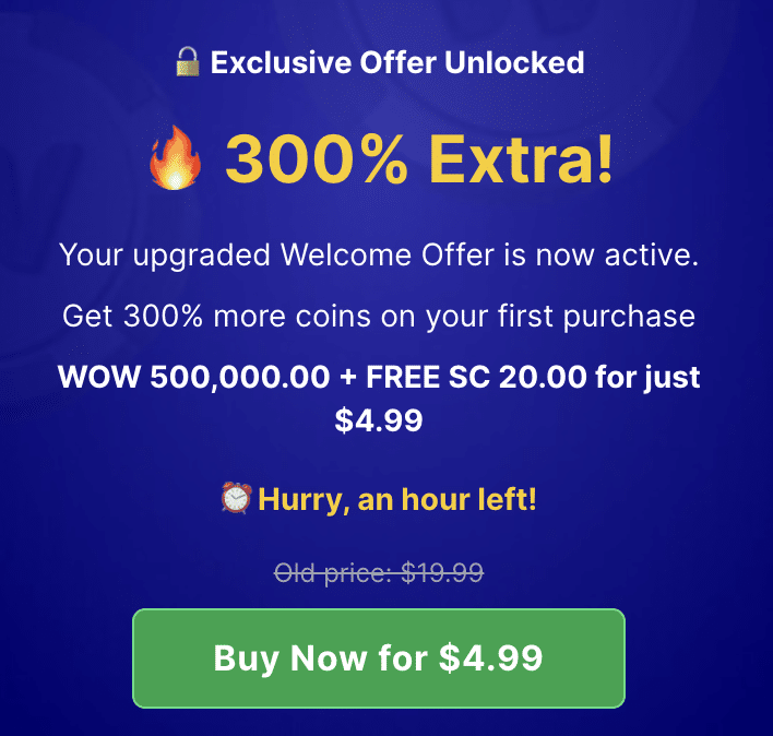 WOW Vegas first purchase bonus of 300% extra coins